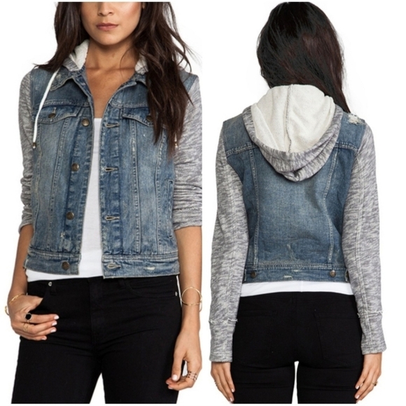Free People XS Denim Jacket Sweater Knit Sleeves - Picture 1 of 10